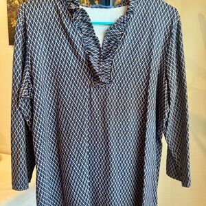 J. McLaughlin Blue and White Geometric Ruffle V-Neck Blouse